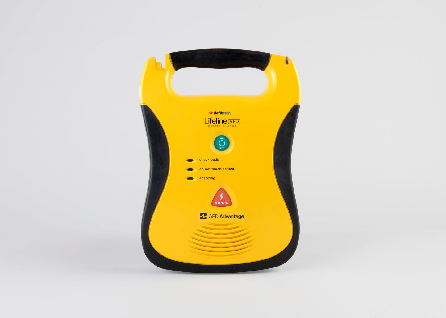 A black and yellow Defibtech Lifeline AED displayed head on with a gray background