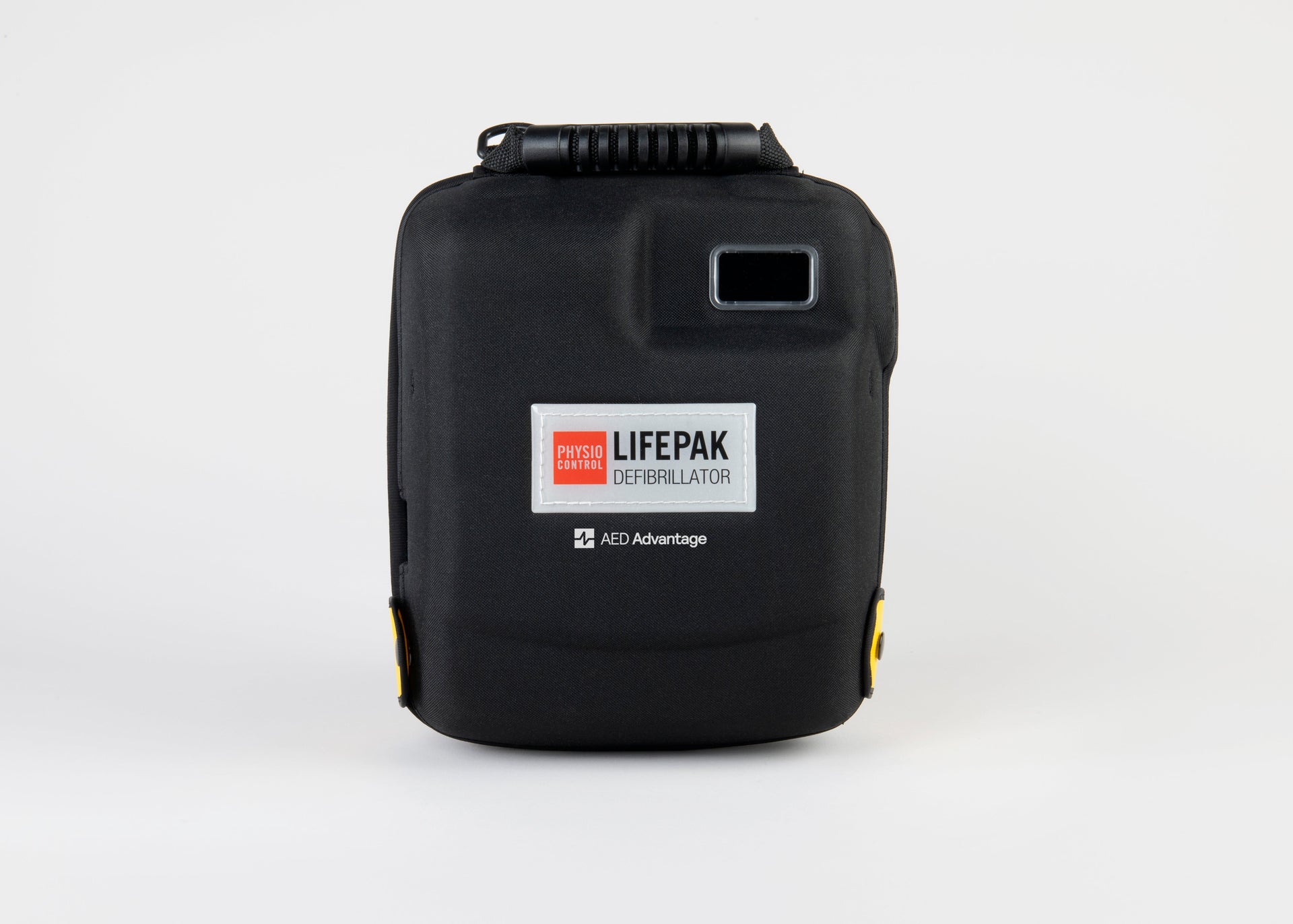 A black rectangular carrying case for the LIFEPAK 1000 AED with a black carry handle