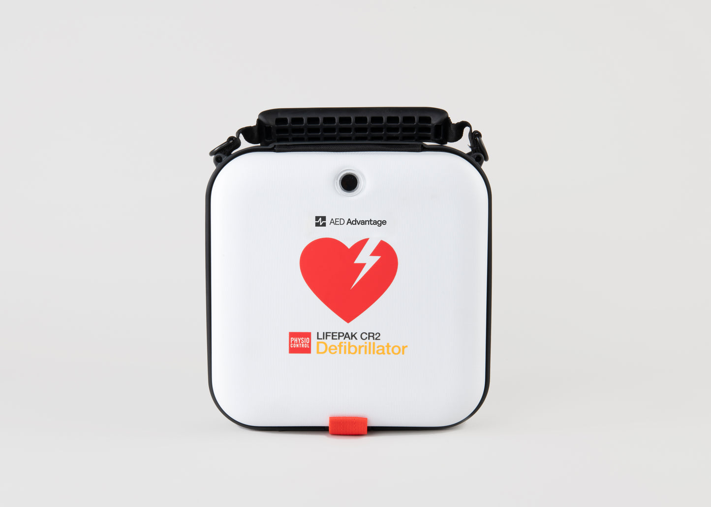 A white and red carry case for the LIFEPAK CR2 defibrillator with a black carry handle