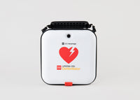 A white and red carry case for the LIFEPAK CR2 defibrillator with a black carry handle