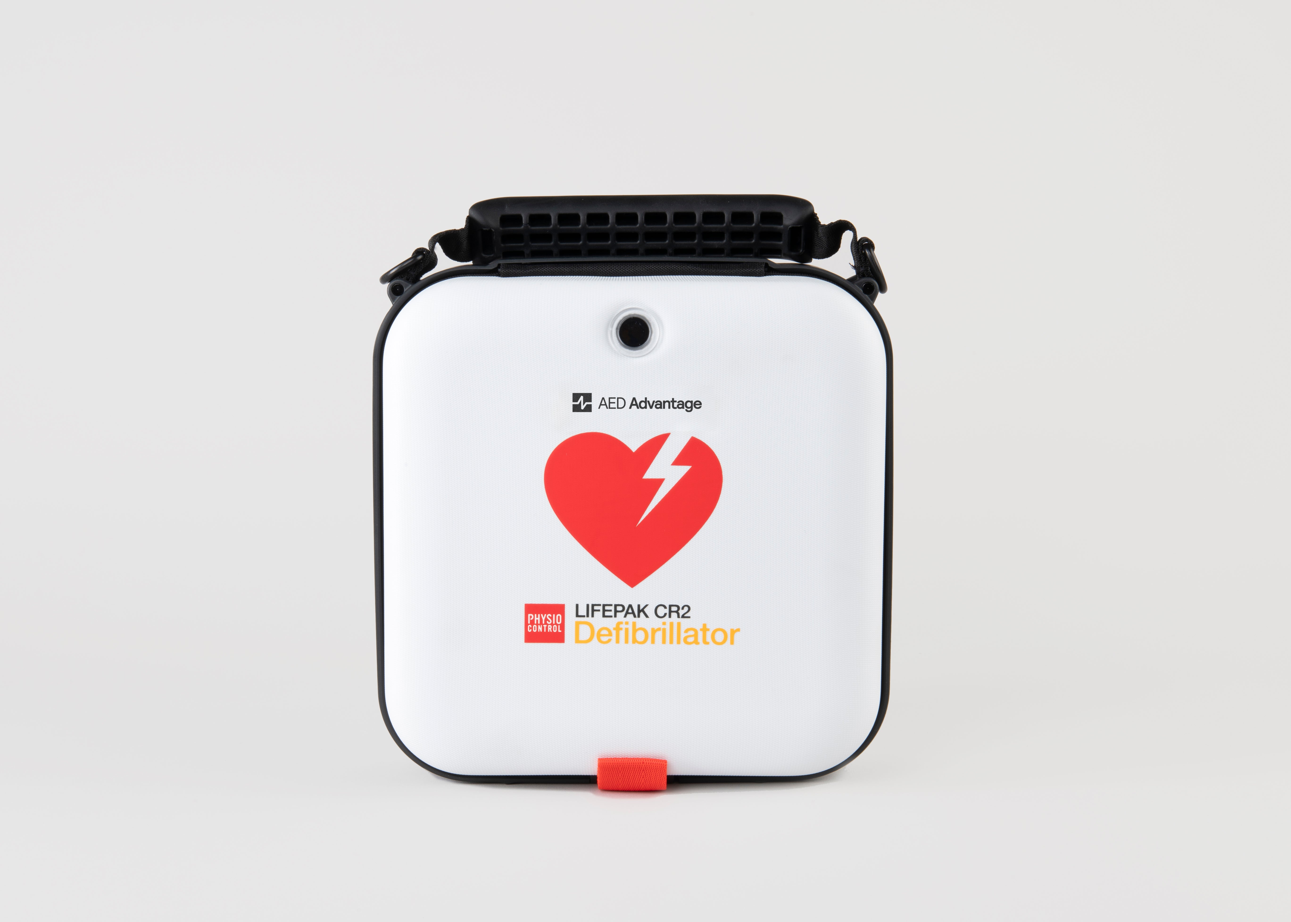 A white and red carry case for the LIFEPAK CR2 defibrillator with a black carry handle
