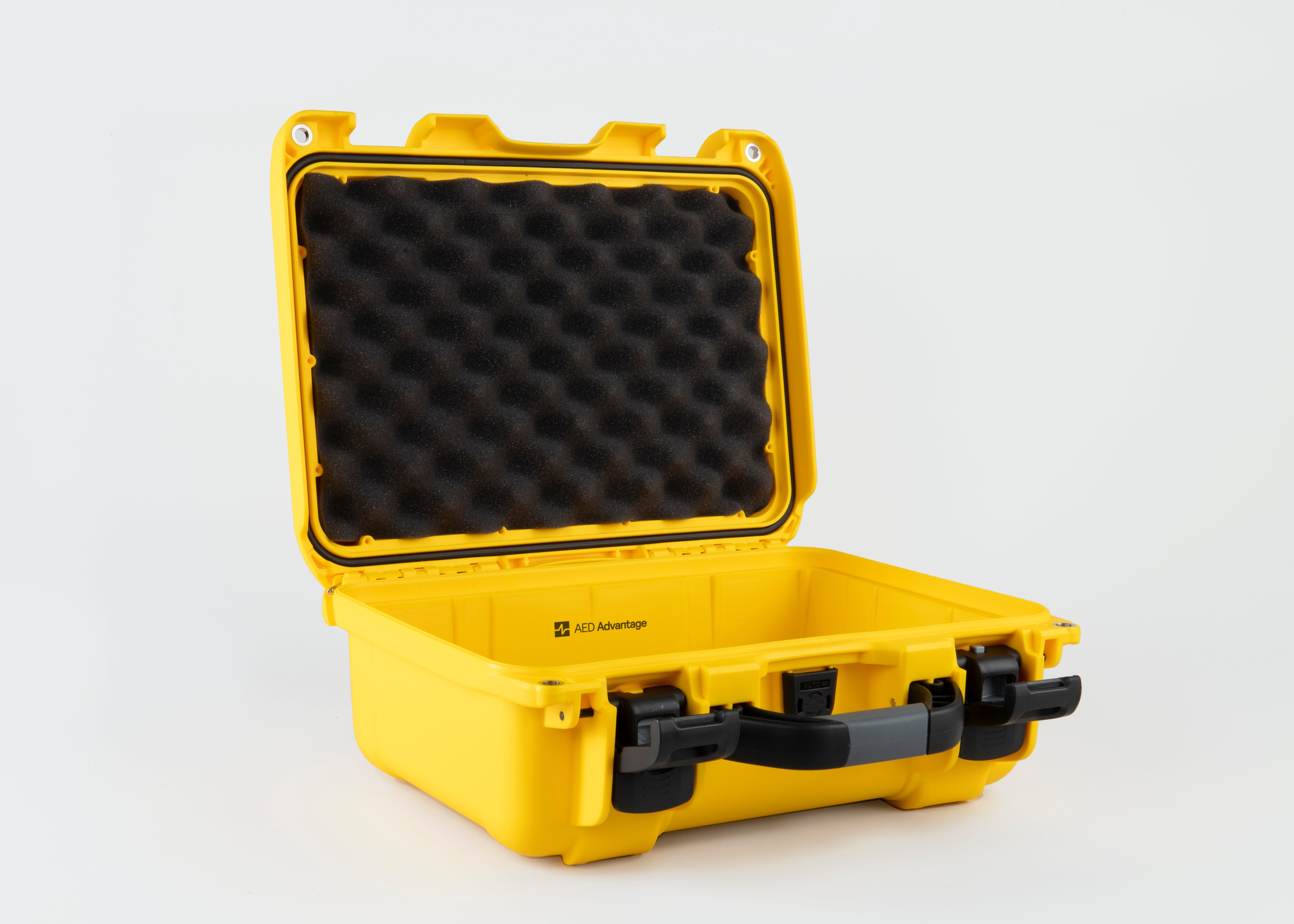A durable yellow hardshell AED carry case