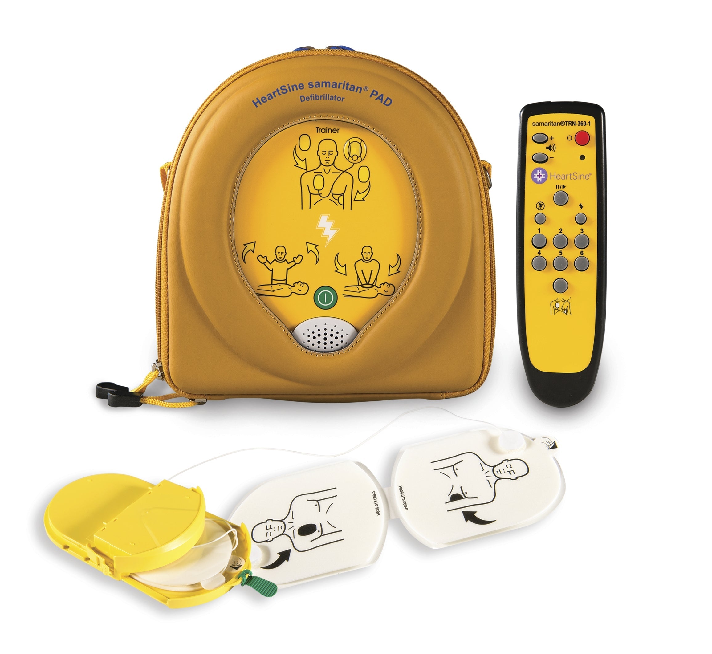 A yellow HeartSine training AED inside its carrycase alongside its remote and pads cartridge