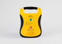 A black and yellow Defibtech Lifeline AED displayed head on with a gray background 