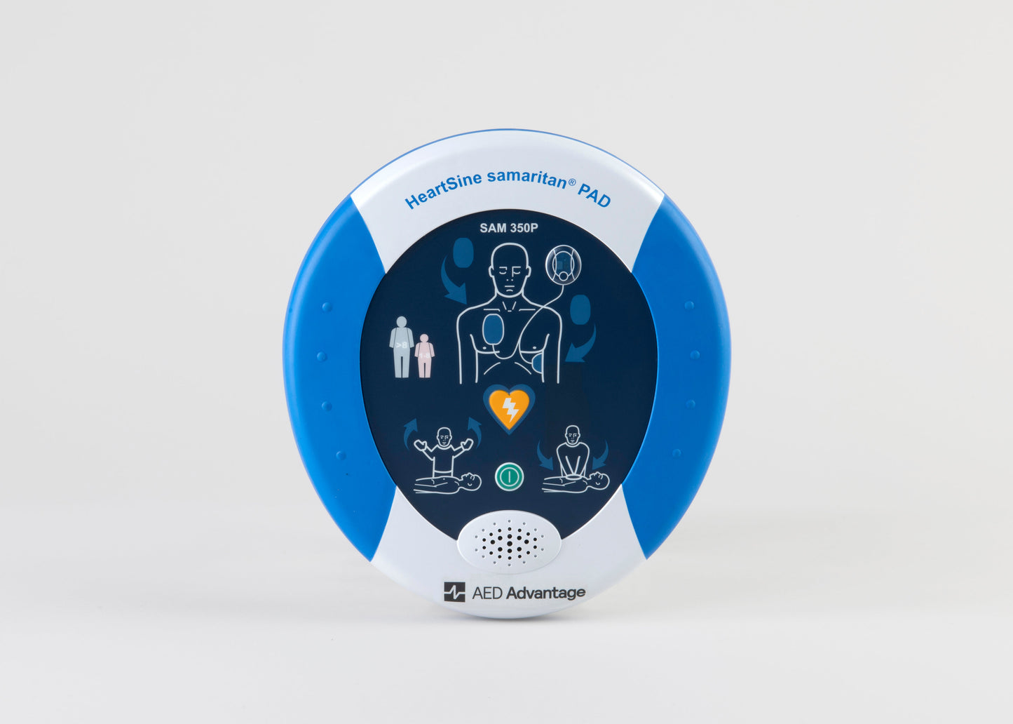 A blue and gray HeartSine 350P AED machine