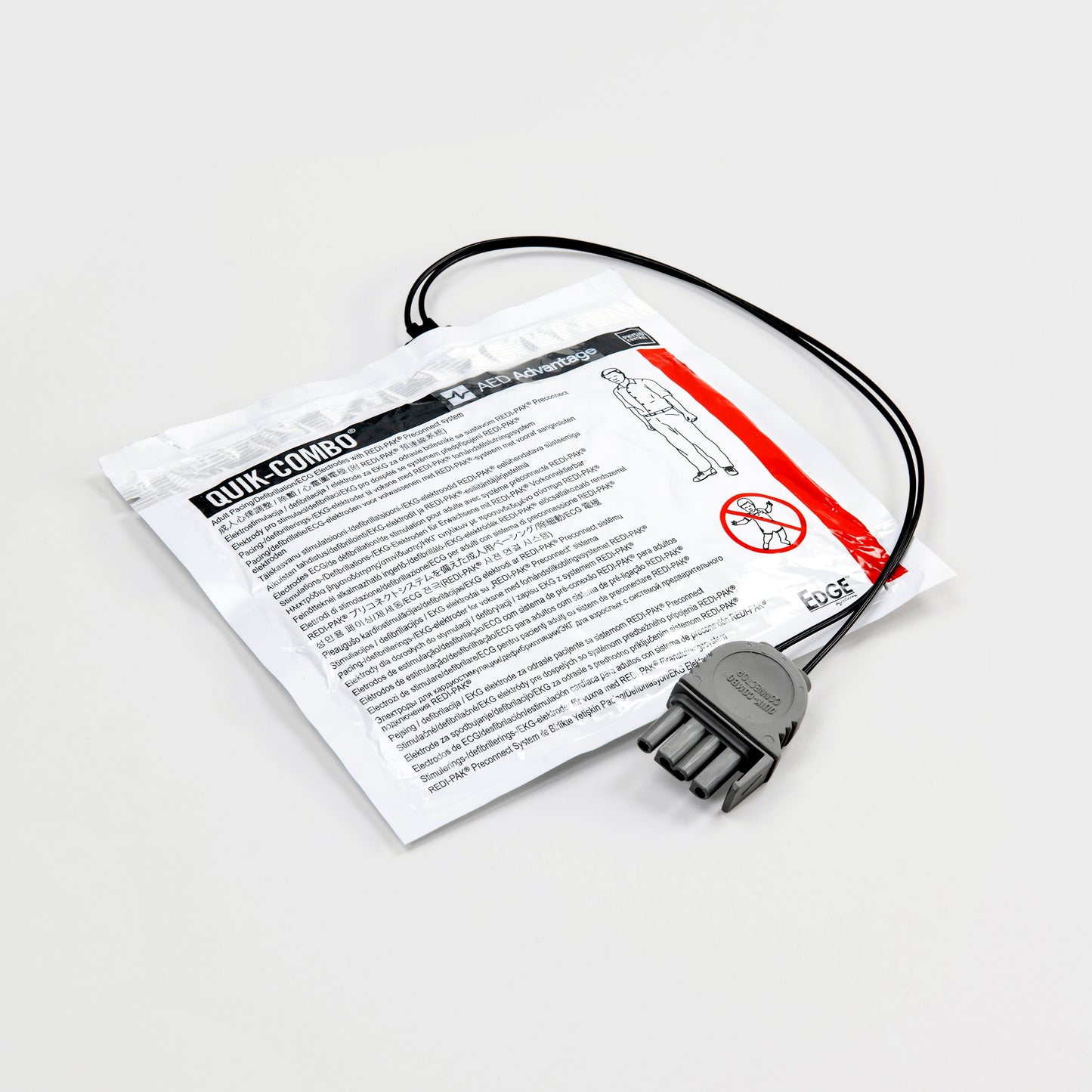A white square foil package containing adult electrodes for the LIFEPAK 1000 defibrillator with a black connector cord