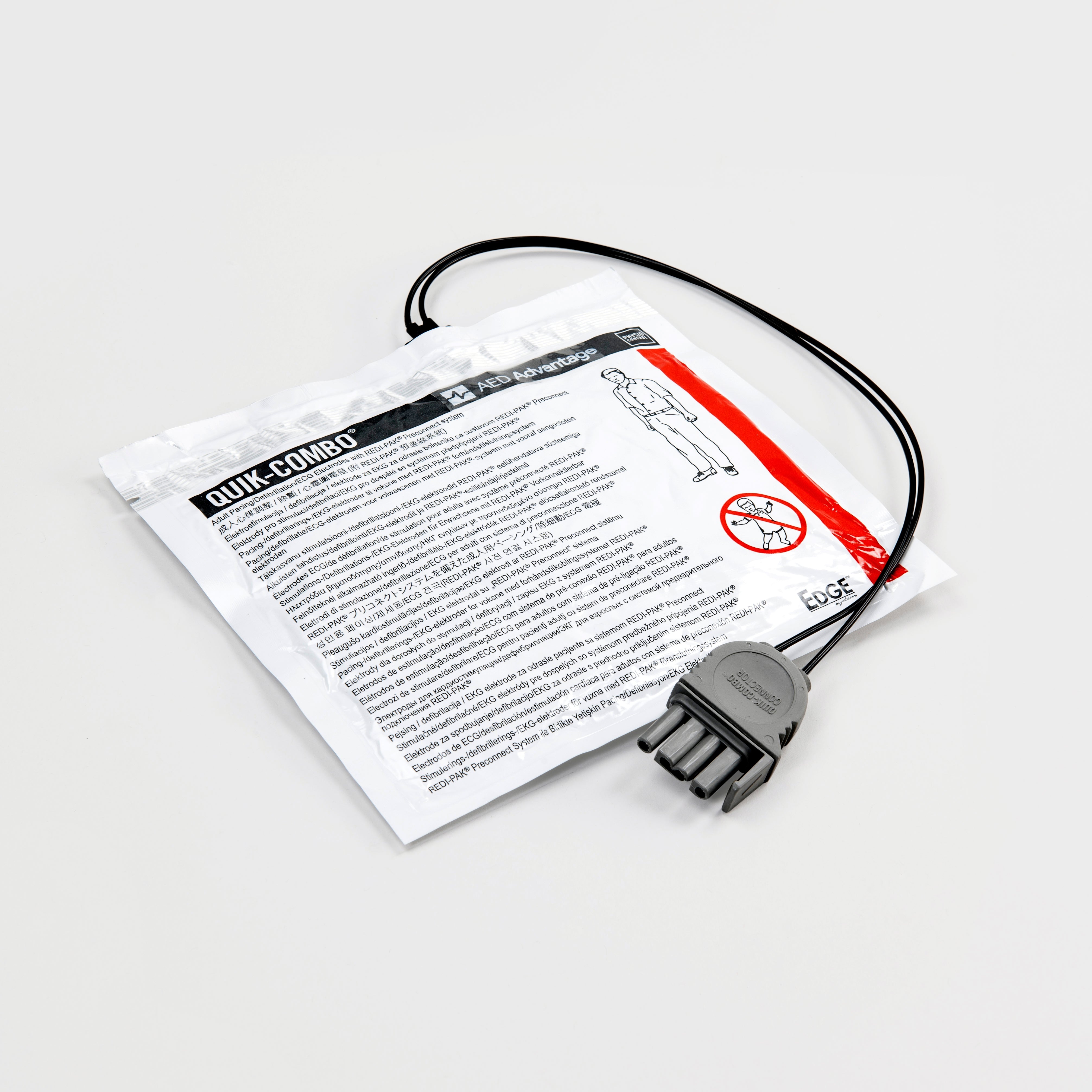 A white square foil package containing adult electrodes for the LIFEPAK 1000 defibrillator with a black connector cord