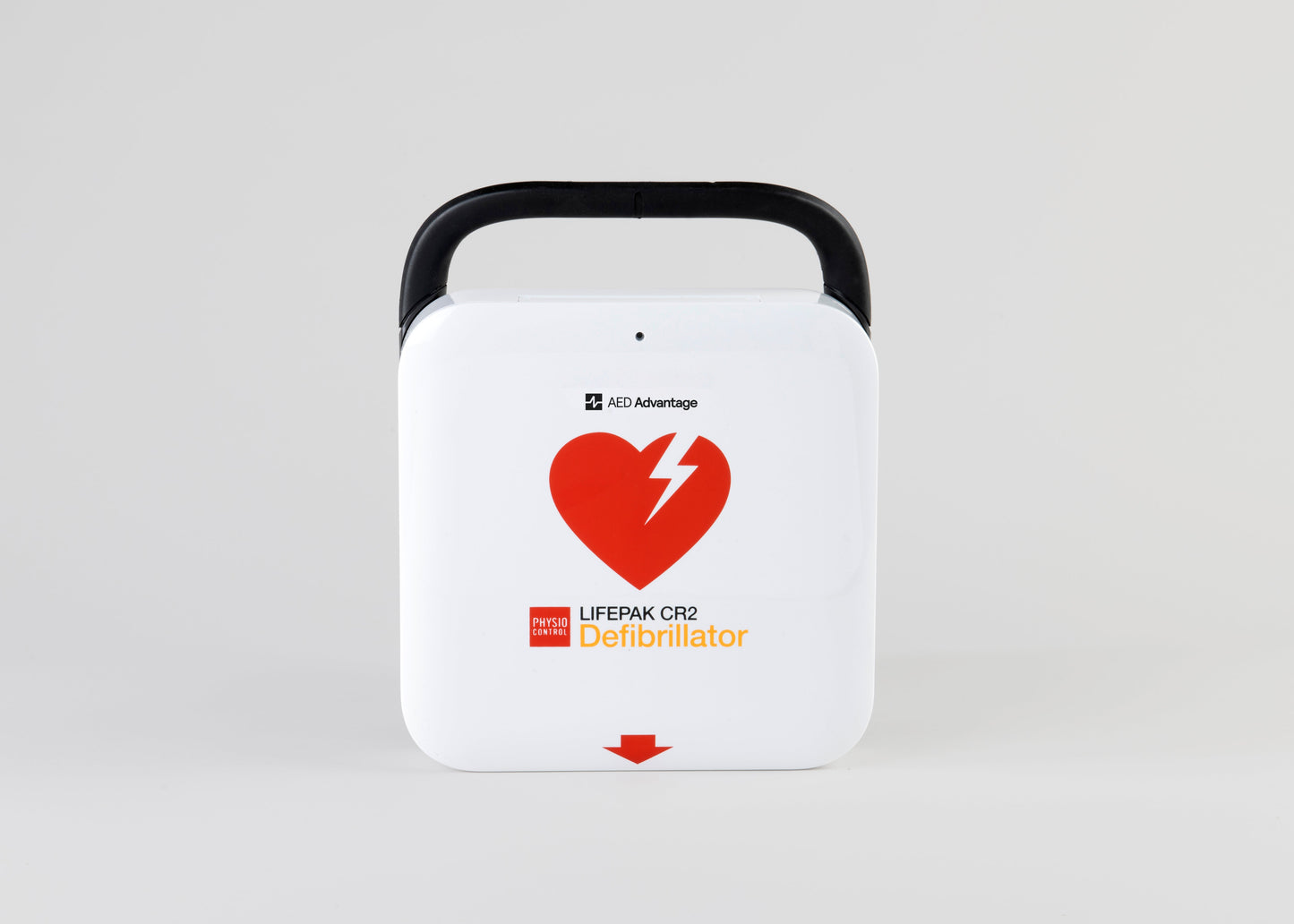 A white and red LIFEPAK CR2 AED with a black carry handle