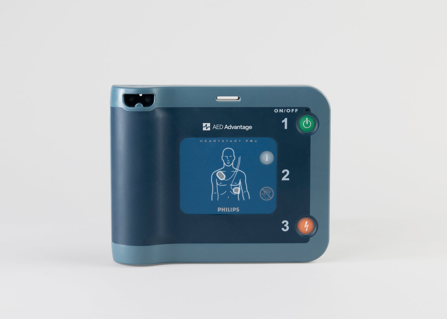 A blue Philips FRx automated external defibrillator