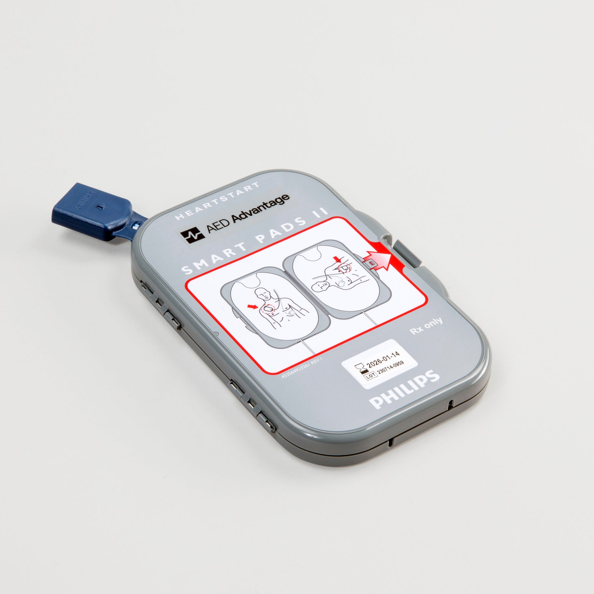 A gray rectangular cartridge containing electrodes for the Philips FRx defibrillator