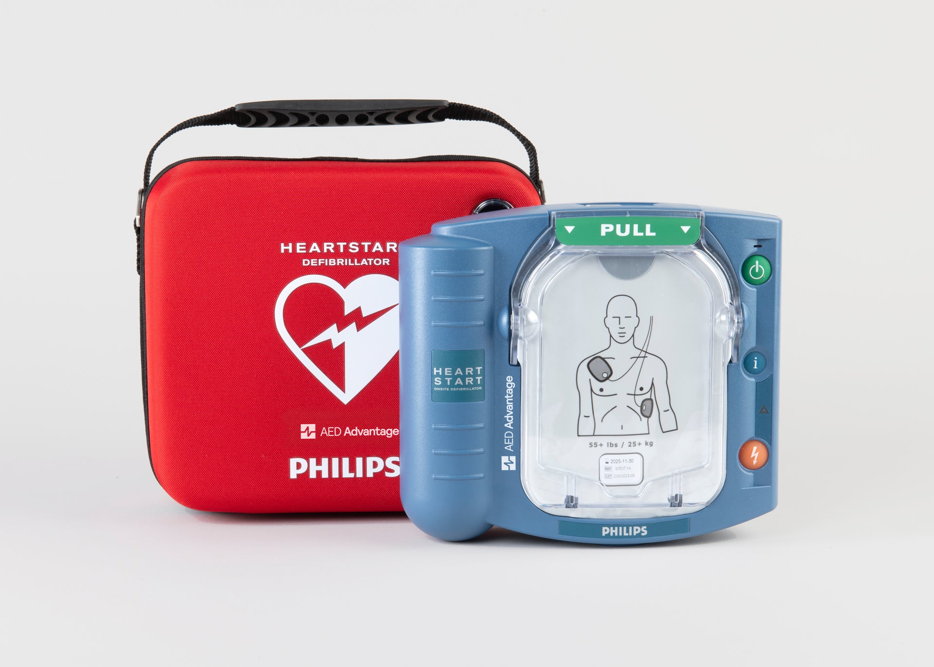 A blue Philips OnSite AED standing next to its bright red carry case