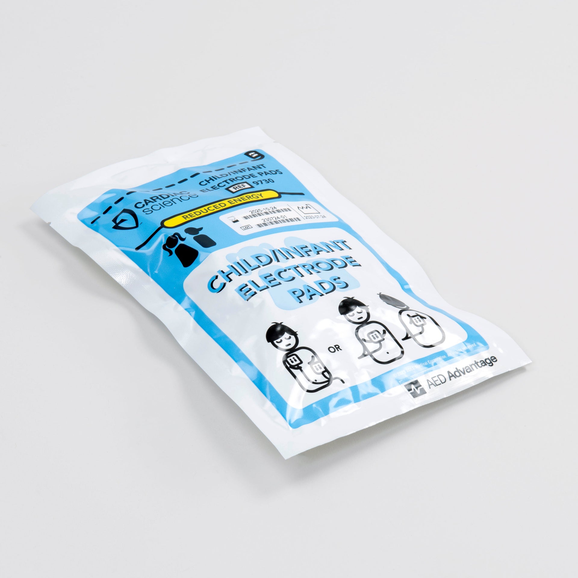 A blue and white rectangular square package containing  infant electrodes for the Powerheart G3 defibrillator