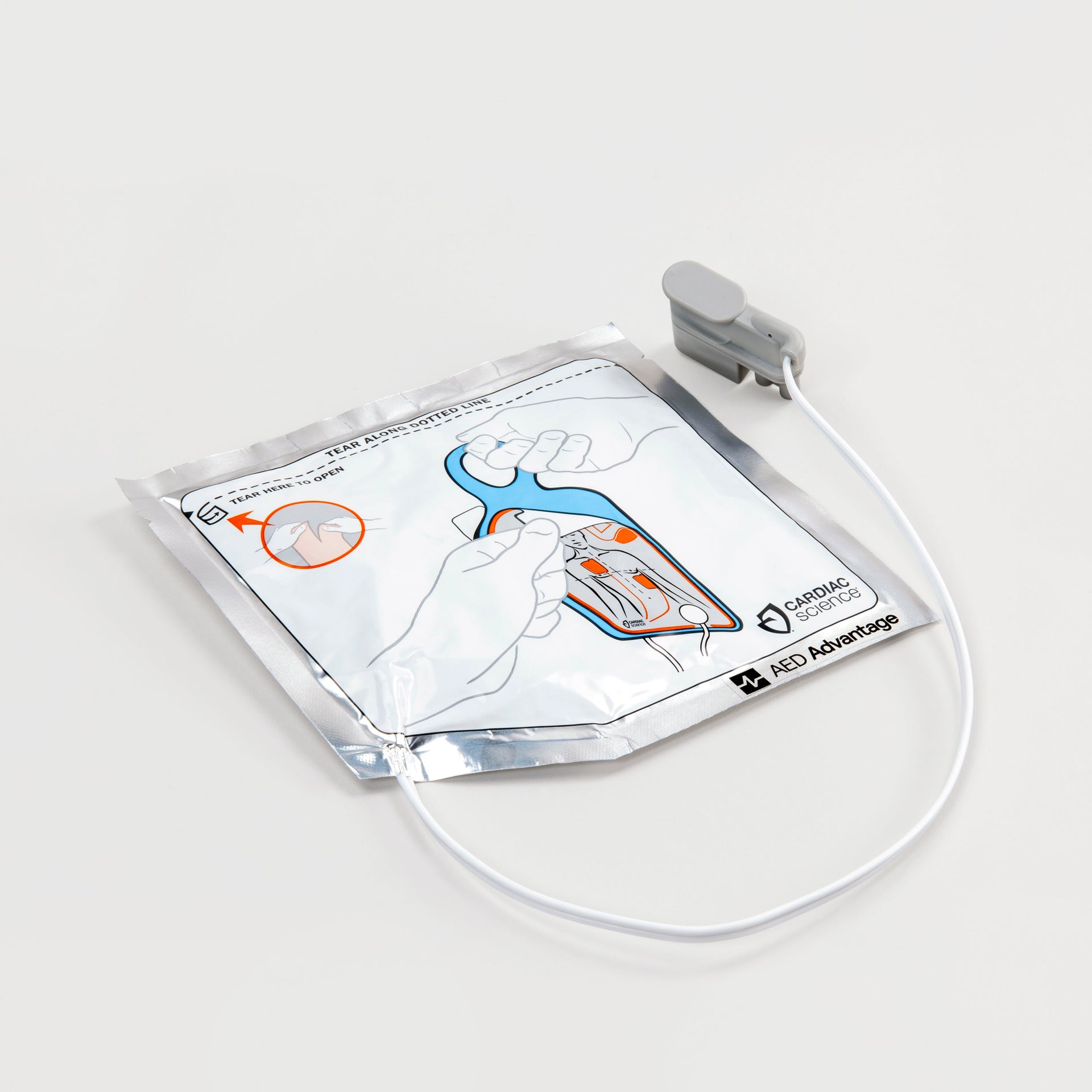A white and silver square foil package containing adult electrodes for the Powerheart G5 defibrillator