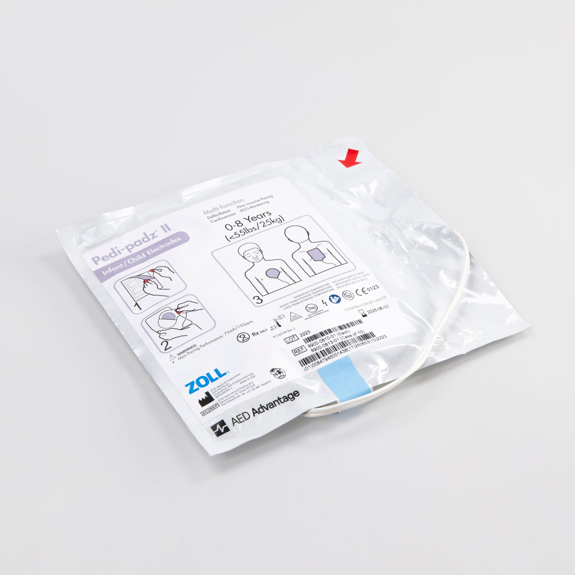ZOLL AED Plus pediatric electrodes encased in a white foil package with a white connector cord